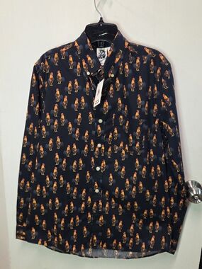 Kennington LTD Retro Rooster Print Button Down Shirt Navy Blue Mens Size Medium